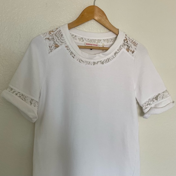Rebecca Taylor White Short Sleeve Terry Cloth Lace Crew Neck T-Shirt Blouse S - Picture 3 of 15